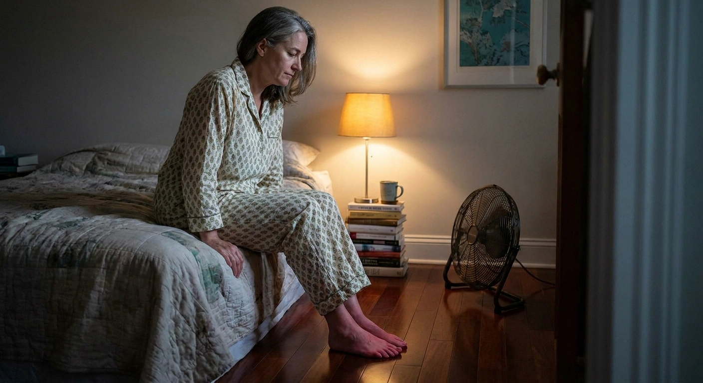 Woman in her 60s sits at bedside cooling reddened bare feet with a floor fan during evening erythromelalgia flare.