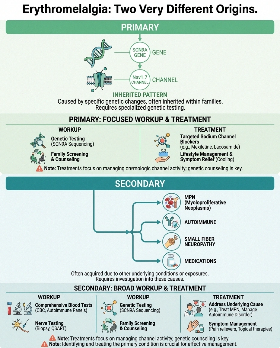 Infographic comparing primary genetic erythromelalgia to secondary erythromelalgia caused by MPN, autoimmune, SFN, or drugs.