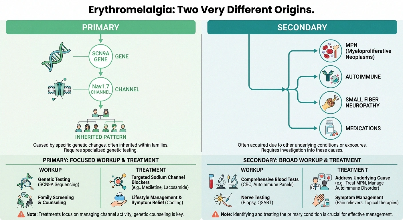 Infographic comparing primary genetic erythromelalgia to secondary erythromelalgia caused by MPN, autoimmune, SFN, or drugs.