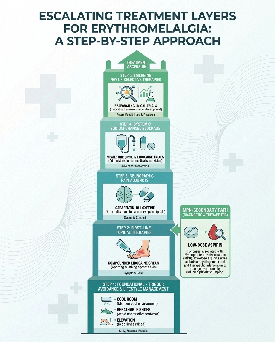 Treatment ladder infographic for erythromelalgia from trigger avoidance to sodium-channel blockers and emerging Nav1.7 therapies.