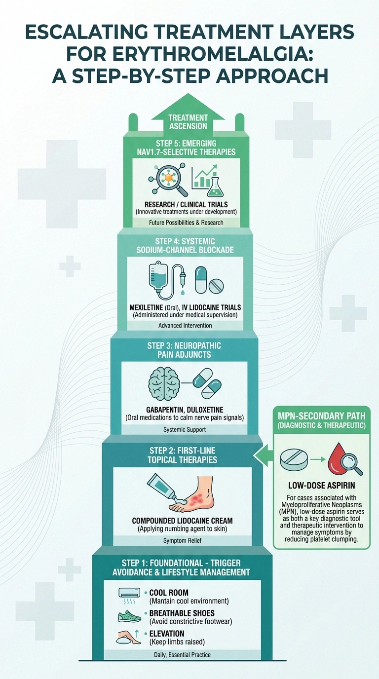Treatment ladder infographic for erythromelalgia from trigger avoidance to sodium-channel blockers and emerging Nav1.7 therapies.