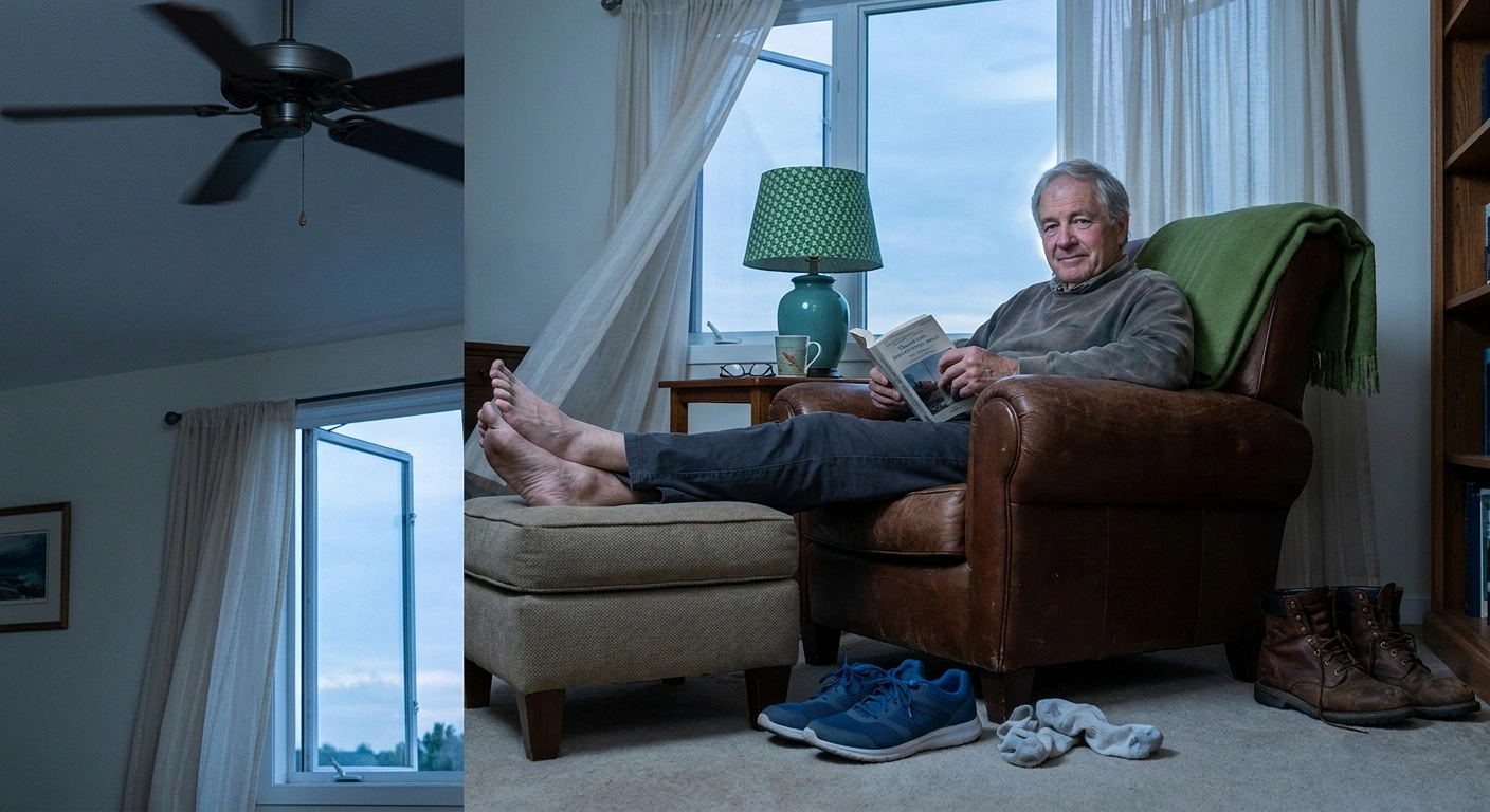 Man in his 60s reads in a cool room with feet elevated on ottoman, ceiling fan on, breathable footwear nearby.