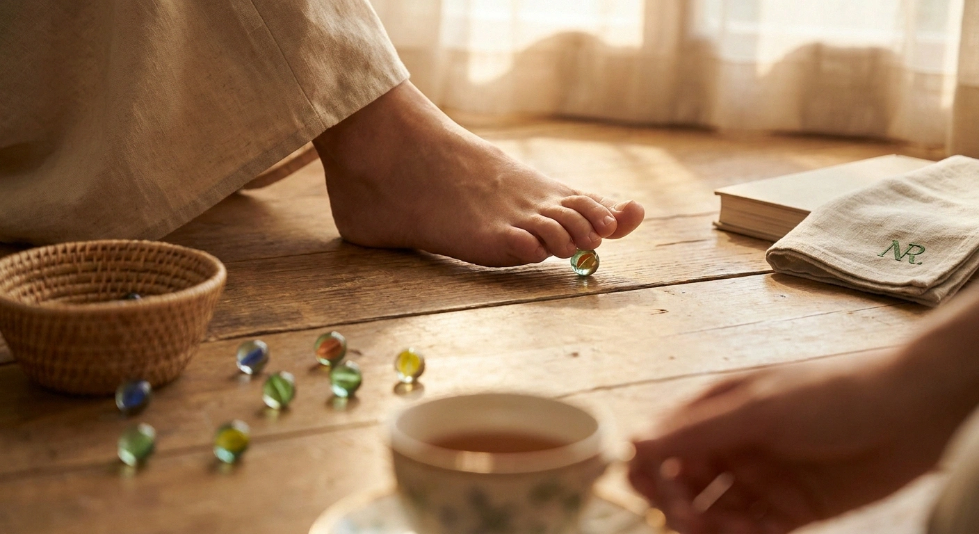 Bare foot performing a marble pickup exercise on a wooden floor to strengthen sensation for neuropathy