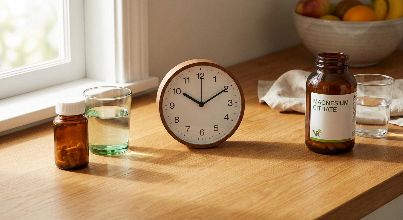 Editorial photograph showing gabapentin and magnesium supplement bottles separated by a two-hour clock for safe spacing