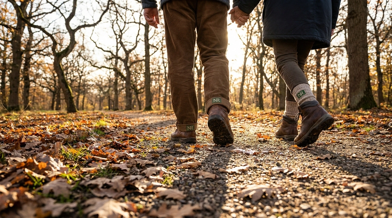 Older couple walking slowly together in a warm autumn park to keep feet warm and circulation active