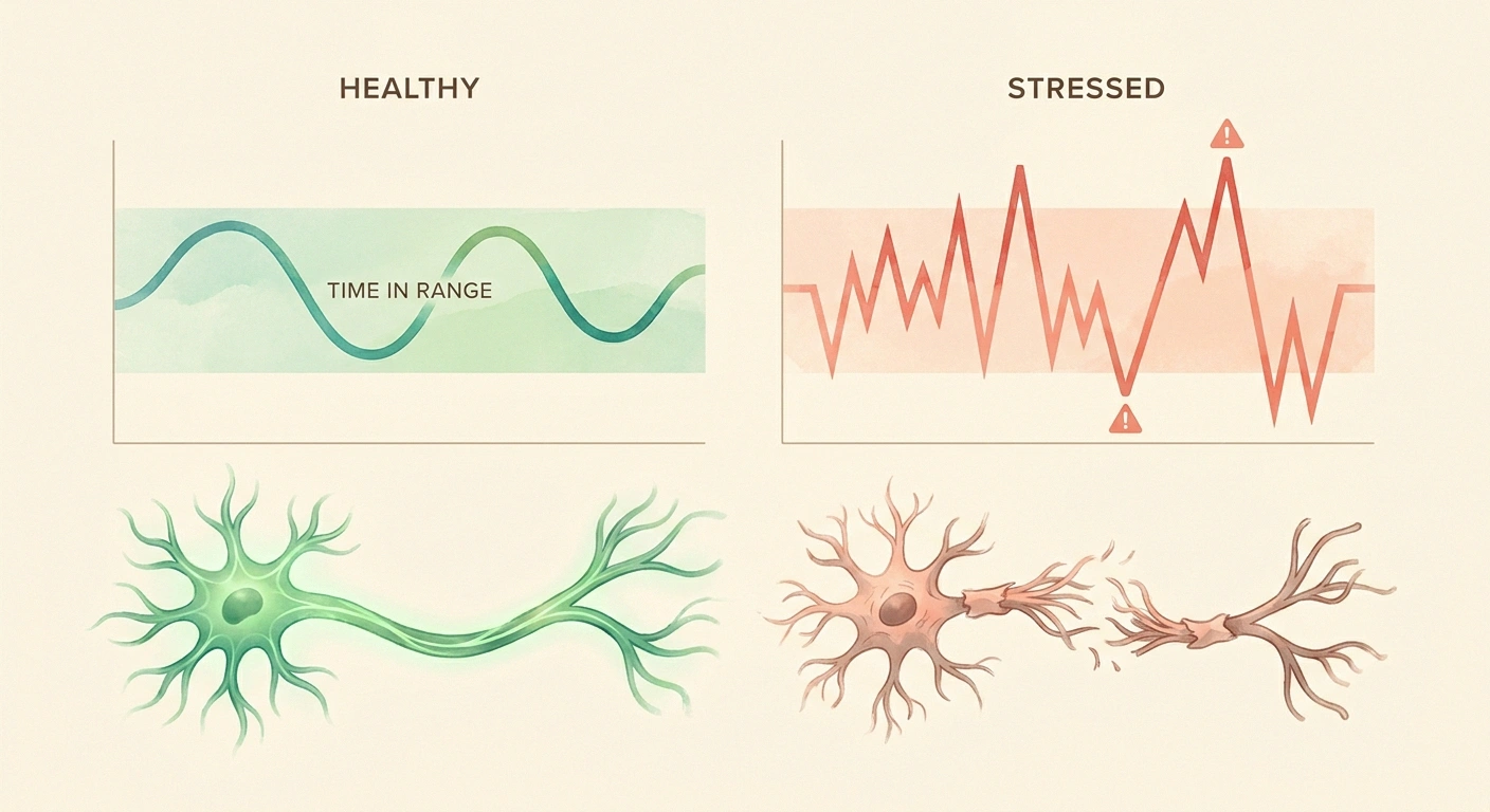 Illustration comparing steady blood sugar staying in Time in Range versus wild glucose swings that damage peripheral nerves