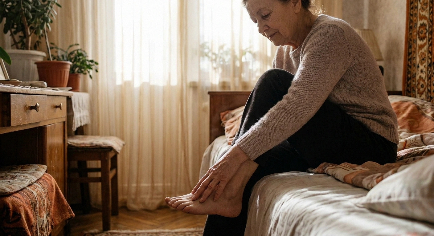 Older woman placing her hand on her foot at home to check its temperature against her perception of cold
