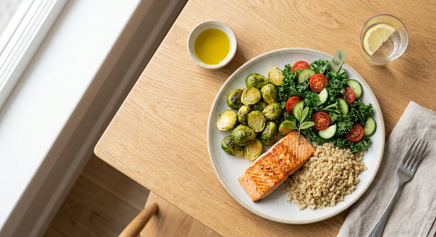 Overhead flat-lay of a neuropathy-friendly plate with non-starchy vegetables, lean protein, and whole grains for blood sugar control