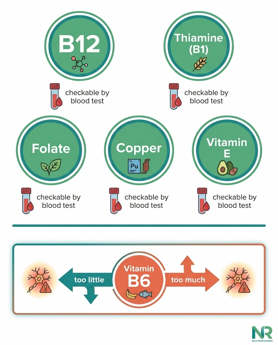 Infographic of five checkable nutrient deficiencies that cause neuropathy, plus a highlighted panel showing vitamin B6 causes nerve damage from both deficiency and excess.