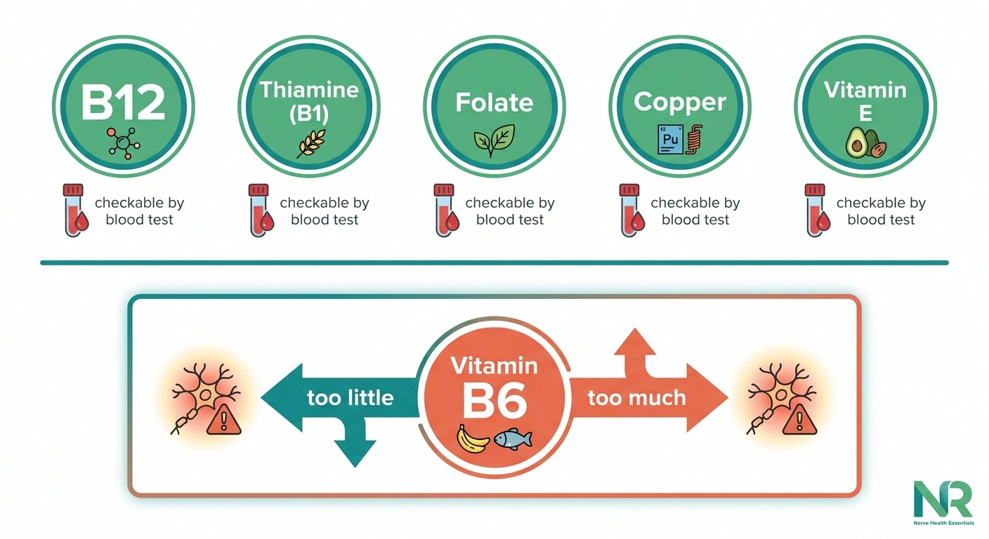 Infographic of five checkable nutrient deficiencies that cause neuropathy, plus a highlighted panel showing vitamin B6 causes nerve damage from both deficiency and excess.