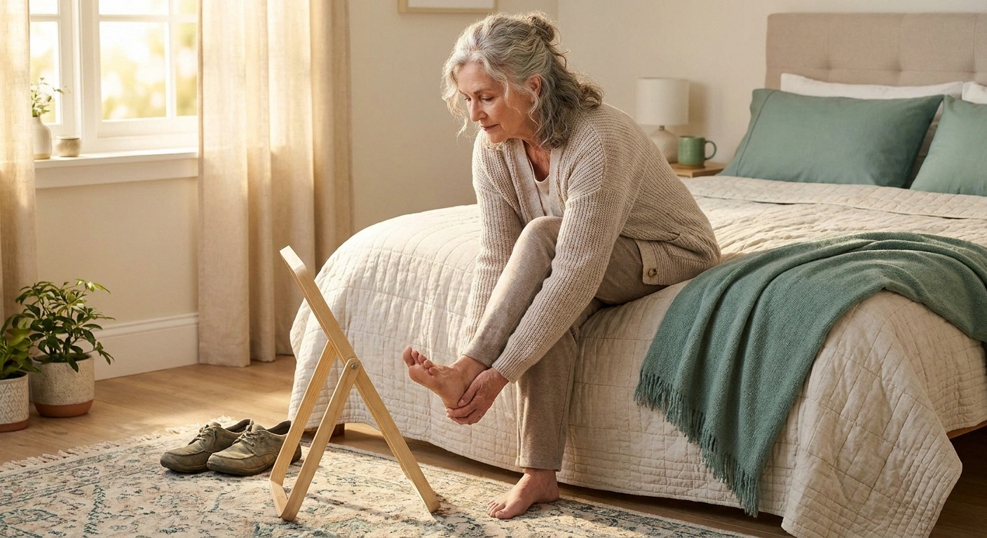 Older woman seated on a bed checking the sole of her foot with a long-handled mirror as part of a daily neuropathy foot inspection.