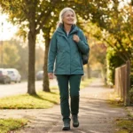 Woman in her sixties walking confidently in supportive shoes on a tree-lined sidewalk in warm morning light.