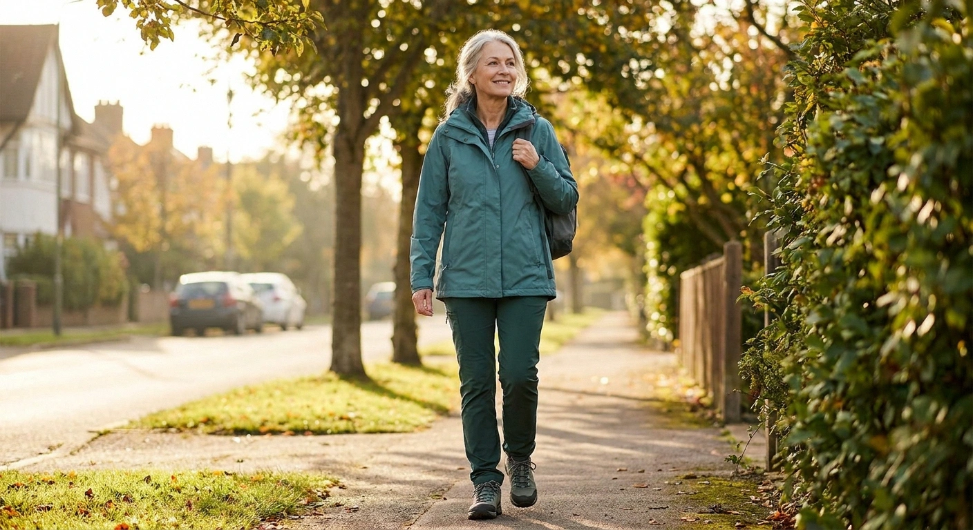 Woman in her sixties walking confidently in supportive shoes on a tree-lined sidewalk in warm morning light.