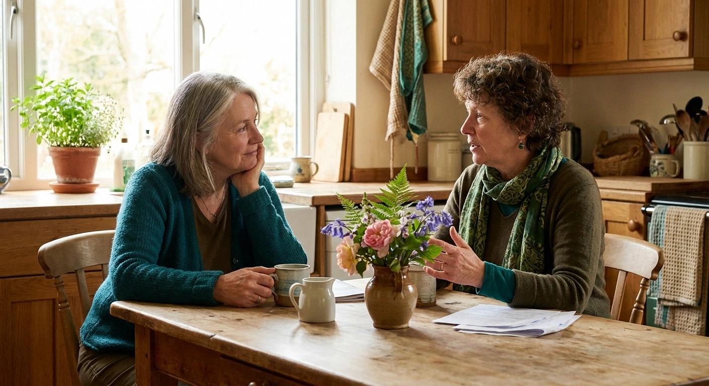 Two women in their fifties talking honestly over tea at a sunlit kitchen table, one listening with an open and supportive expression.