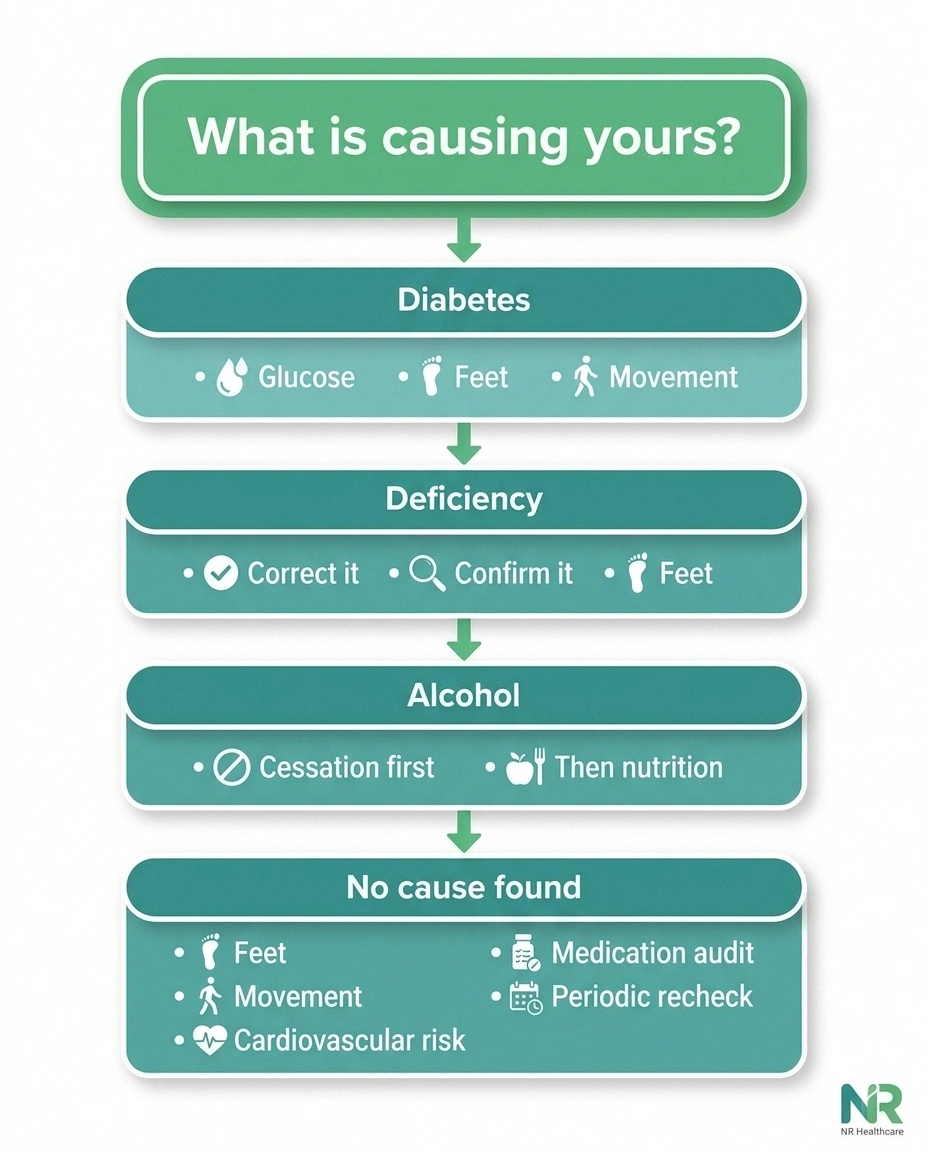 Decision-flow infographic showing which two or three neuropathy progression levers to prioritize based on whether the cause is diabetes, deficiency, alcohol, or unknown.