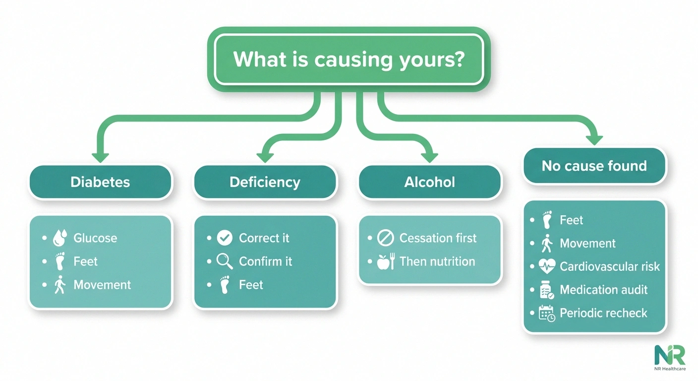 Decision-flow infographic showing which two or three neuropathy progression levers to prioritize based on whether the cause is diabetes, deficiency, alcohol, or unknown.