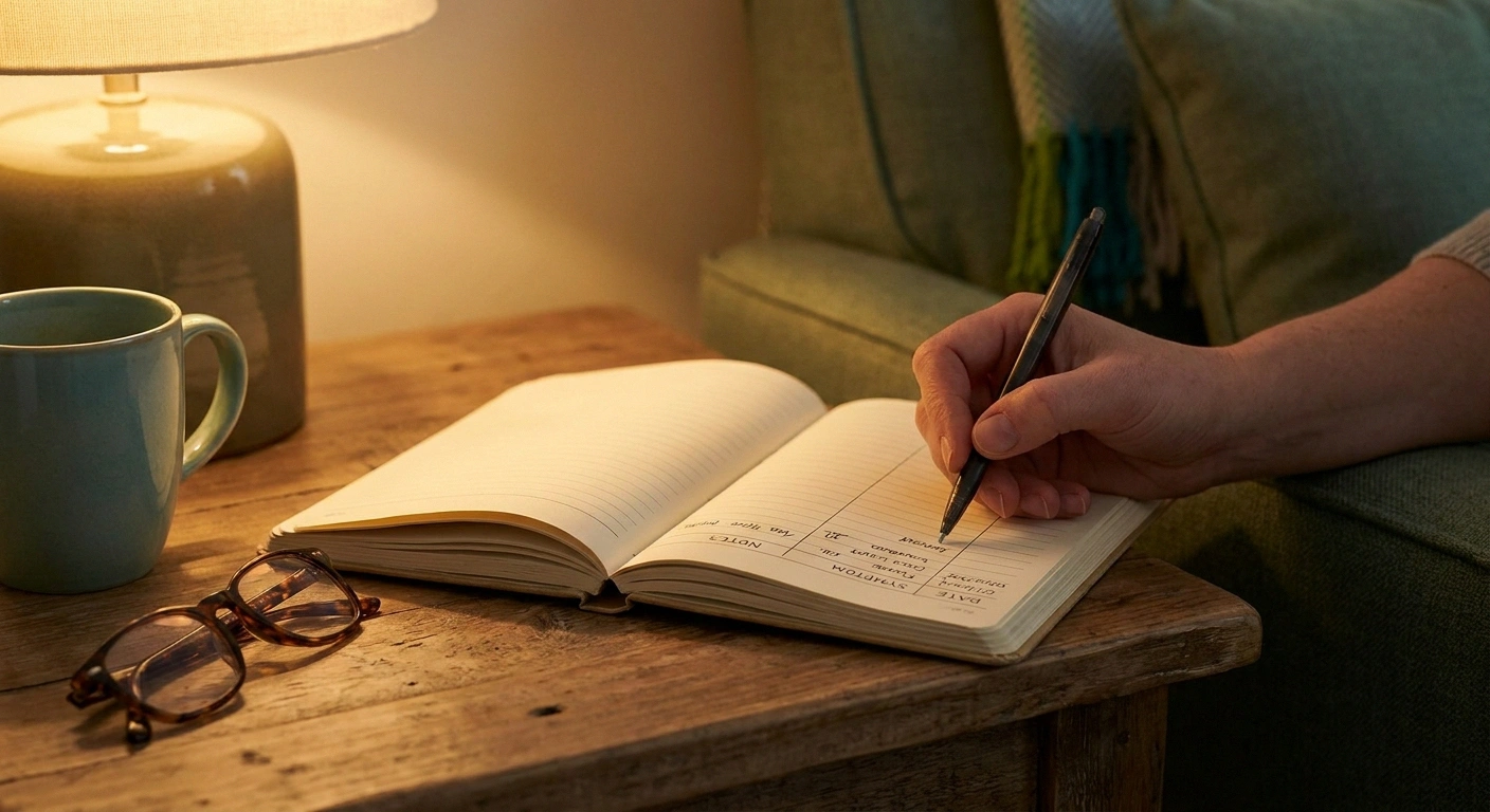 Hand writing a dated entry in a small notebook beside reading glasses and a mug, tracking neuropathy changes month by month.