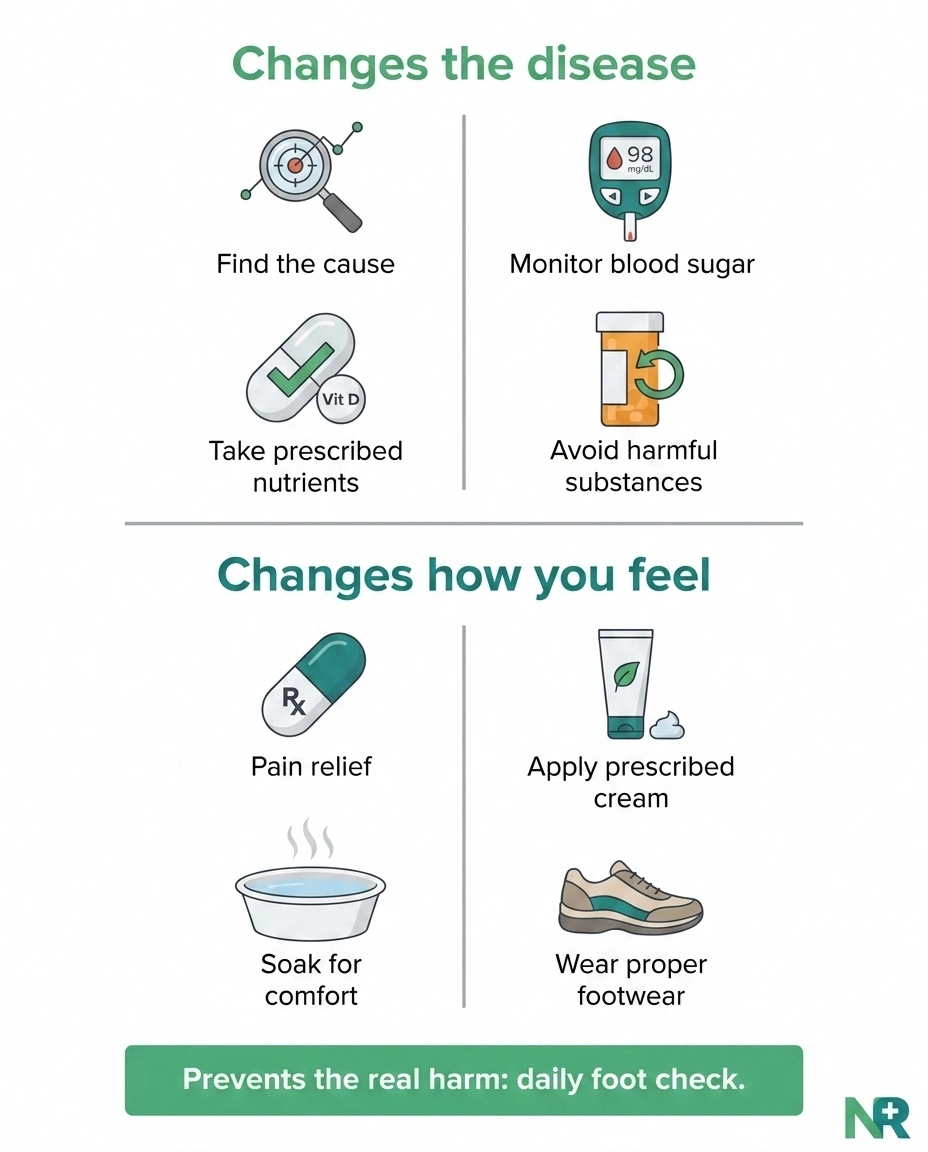 Two-column infographic separating actions that change neuropathy disease progression from actions that only change symptoms, with foot care shown as harm prevention.