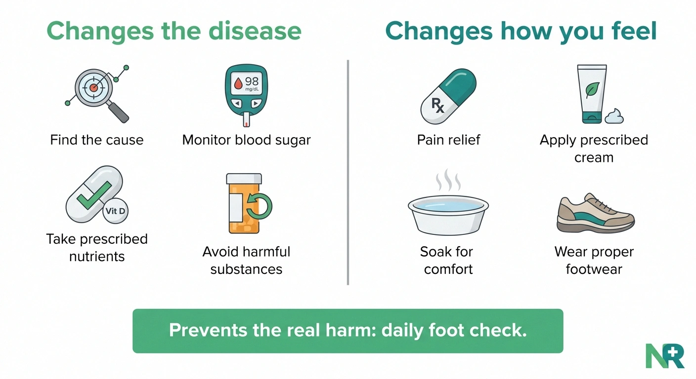 Two-column infographic separating actions that change neuropathy disease progression from actions that only change symptoms, with foot care shown as harm prevention.
