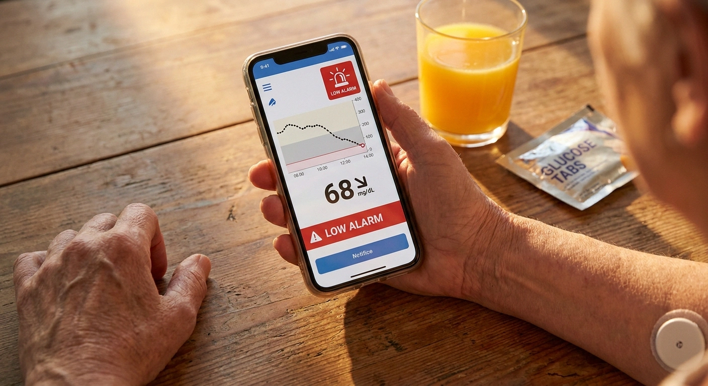 Hand holding a smartphone showing CGM low blood sugar alarm with juice and glucose tablets ready on the table