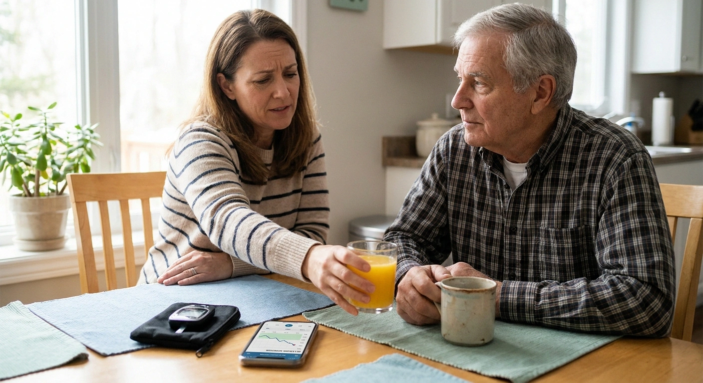 Adult daughter calmly offering juice to her father at the breakfast table with CGM smartphone showing a downward glucose trend
