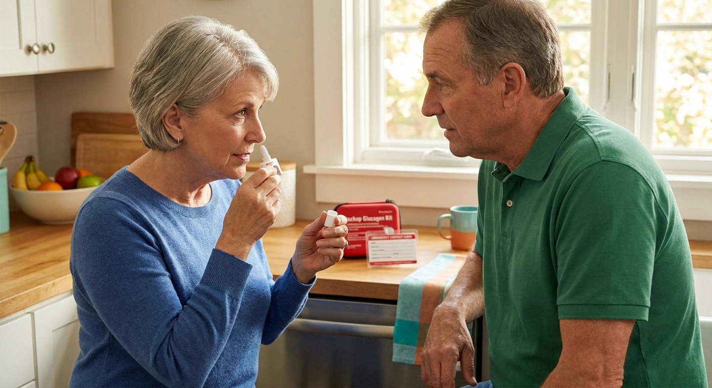 Spouse demonstrating Baqsimi nasal glucagon technique to family member in a calm kitchen setting as practice