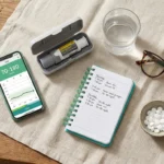 Overhead view of a hypoglycemia management toolkit including CGM smartphone display Baqsimi glucagon notebook and glucose tablets on a wooden table