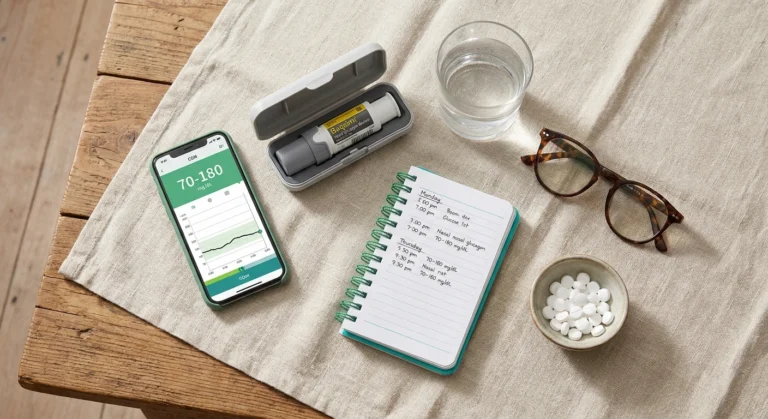 Overhead view of a hypoglycemia management toolkit including CGM smartphone display Baqsimi glucagon notebook and glucose tablets on a wooden table