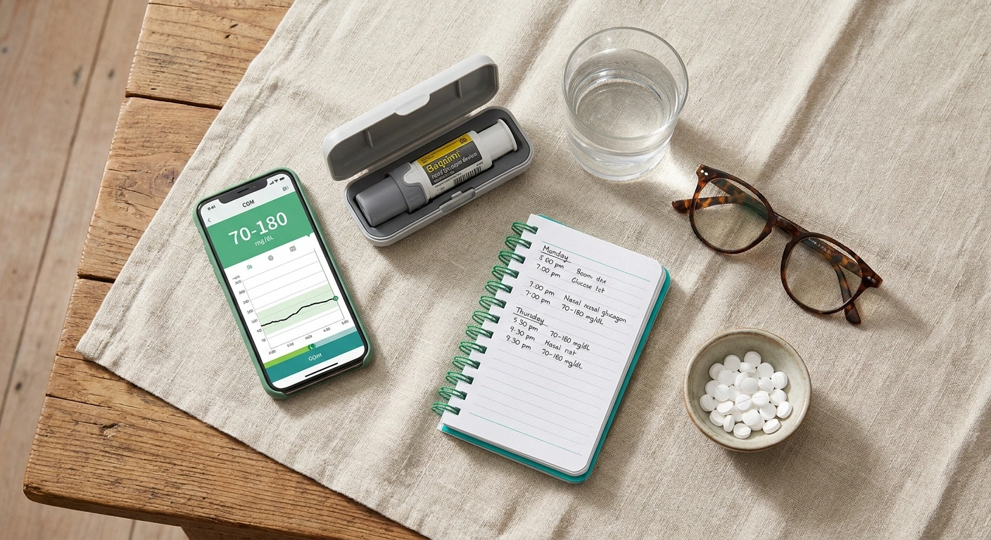 Overhead view of a hypoglycemia management toolkit including CGM smartphone display Baqsimi glucagon notebook and glucose tablets on a wooden table