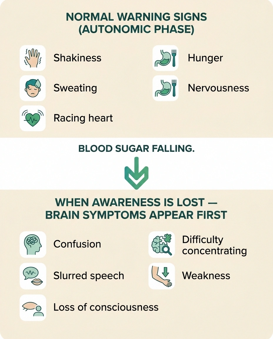 Split-panel infographic showing normal low-blood-sugar warning signs versus the brain symptoms that appear when those warnings are silent
