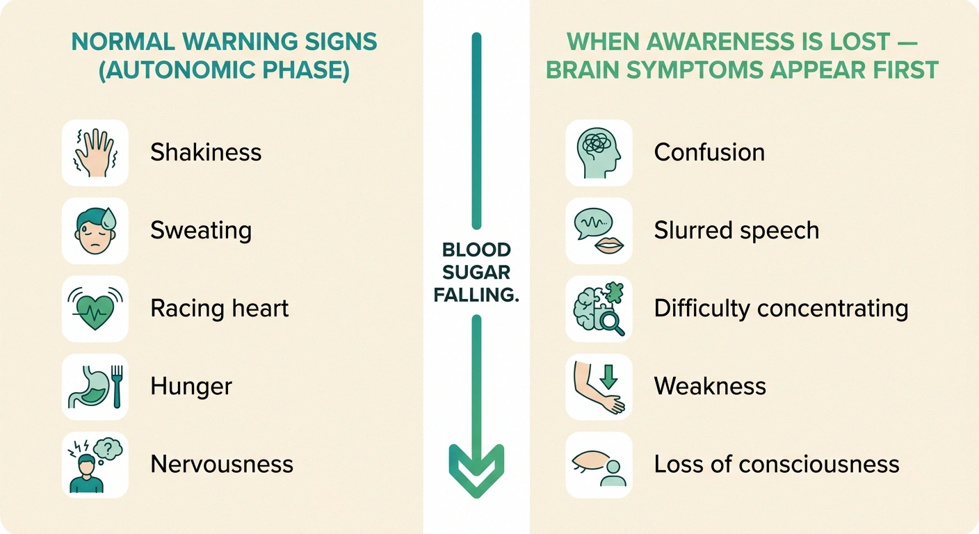 Split-panel infographic showing normal low-blood-sugar warning signs versus the brain symptoms that appear when those warnings are silent