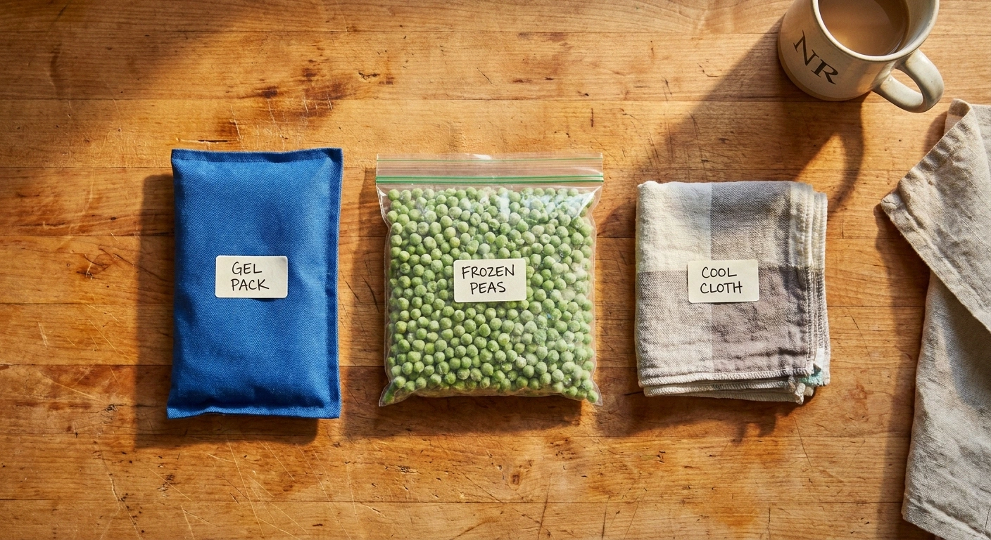 Three safer cold pack options for neuropathy displayed on a wooden counter — gel pack, frozen peas, damp washcloth
