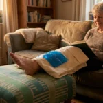 Older woman using an ice pack over a folded pillowcase on her ankle with a timer beside her