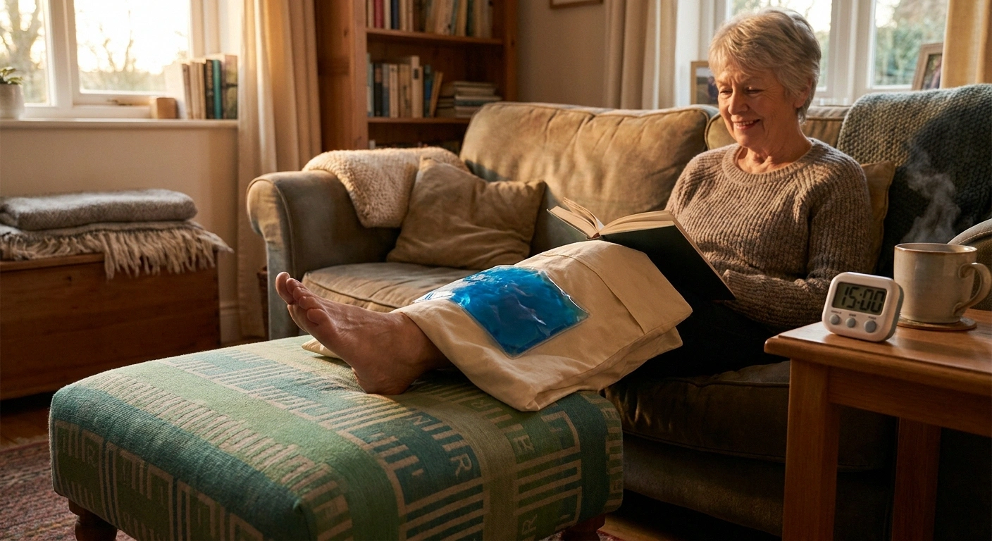 Older woman using an ice pack over a folded pillowcase on her ankle with a timer beside her