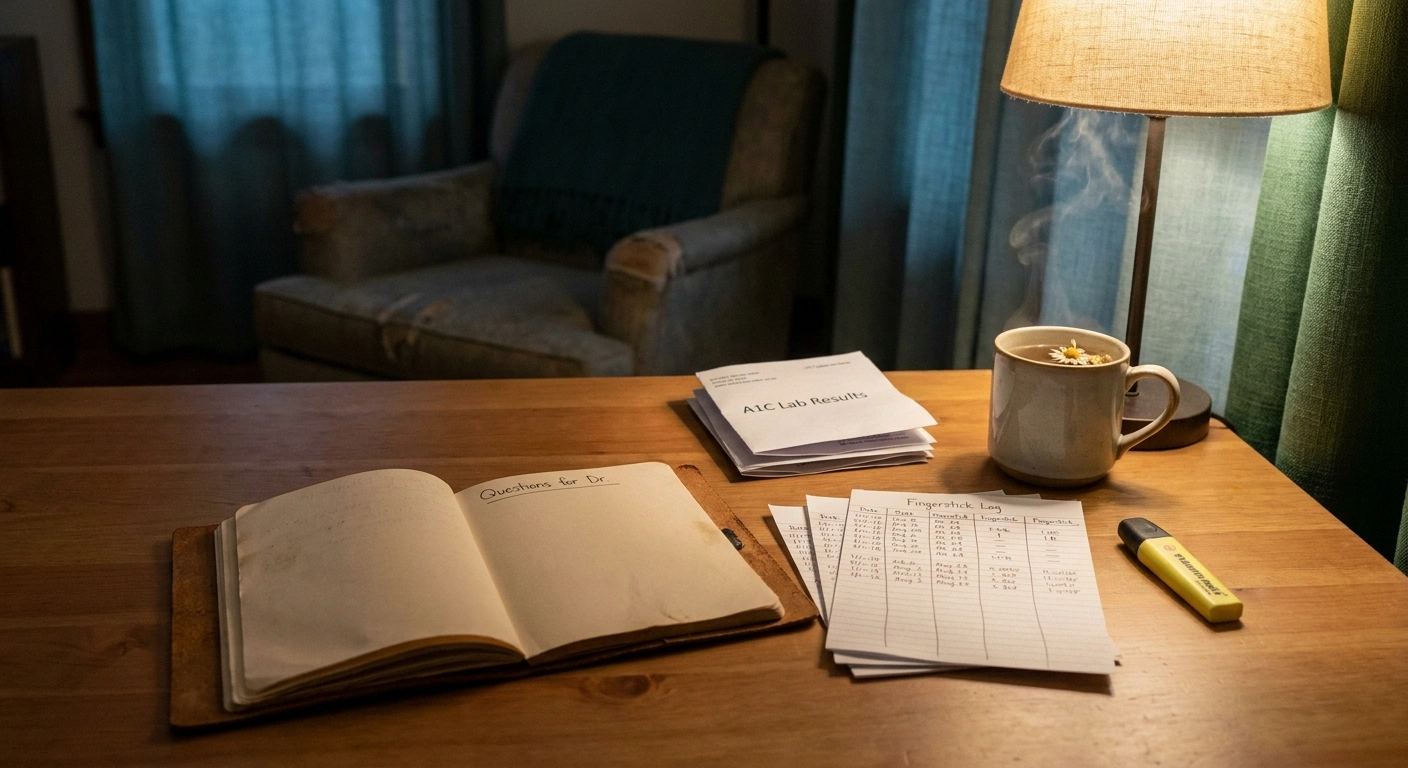 Prepared A1C appointment materials including a questions notebook, three lab result printouts, fingerstick log, and chamomile tea