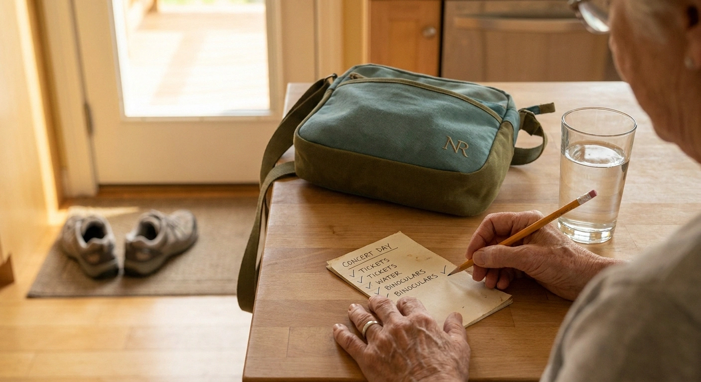 Older woman checking off a concert-day preparation list with her packed bag and walking shoes ready by the door