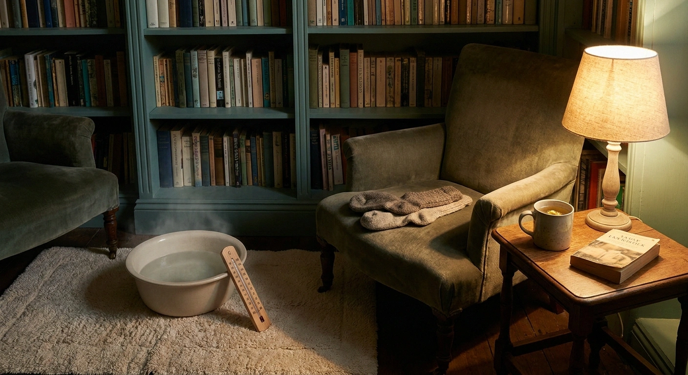 Peaceful evening setup with a foot-soak basin, bath thermometer, wool socks, and chamomile tea in a cozy reading corner