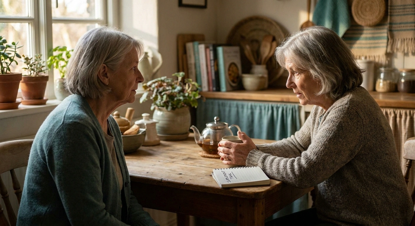 Two older women in kitchen conversation over tea discussing an honest supplement trial recommendation for neuropathy