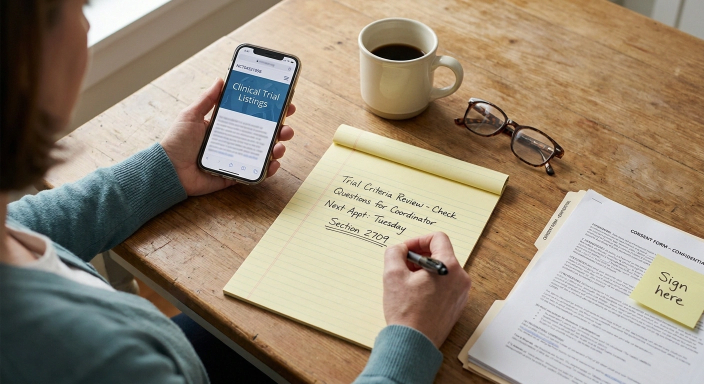 A woman's hands at a kitchen table holding a smartphone showing a clinical trial listing NCT identifier and a pen over a legal pad with handwritten notes and the words Section 2709 underlined.