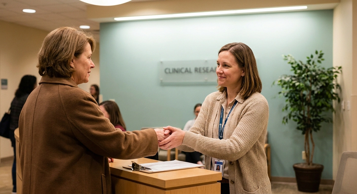 A research coordinator in a soft cardigan greets a mid-60s woman patient with a two-handed handshake at a Clinical Research reception desk inside an academic medical center.