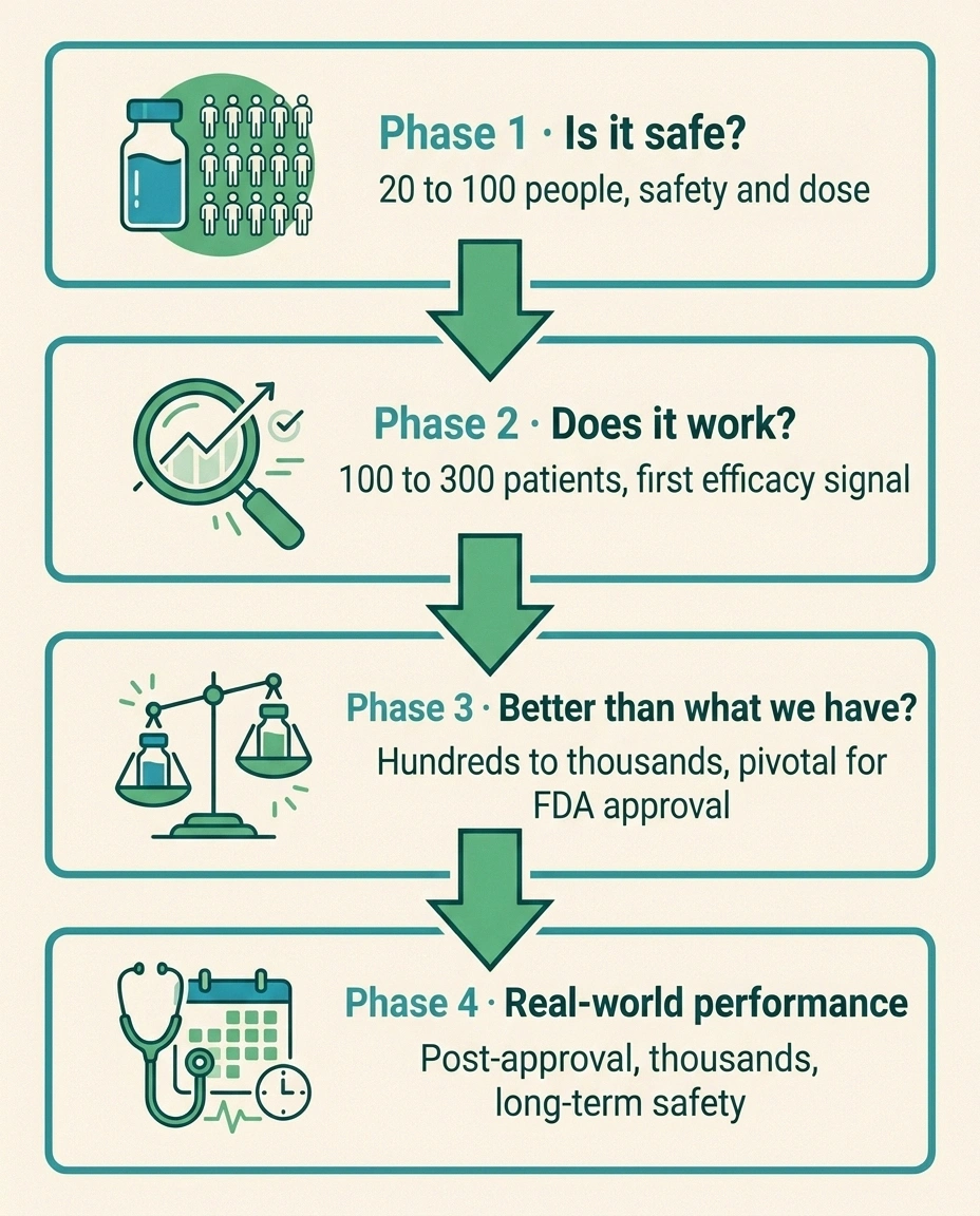 A four-box horizontal infographic showing the four phases of a clinical trial: Phase 1 safety and dose in 20 to 100 people; Phase 2 first efficacy signal in 100 to 300 patients; Phase 3 pivotal test in hundreds to thousands; Phase 4 real-world performance after FDA approval.