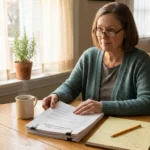 A mid-60s woman in a dusty teal cardigan and reading glasses sits at a light oak kitchen table reading a clinical trial informed consent packet, with a mug of tea and a legal pad of handwritten notes beside her.