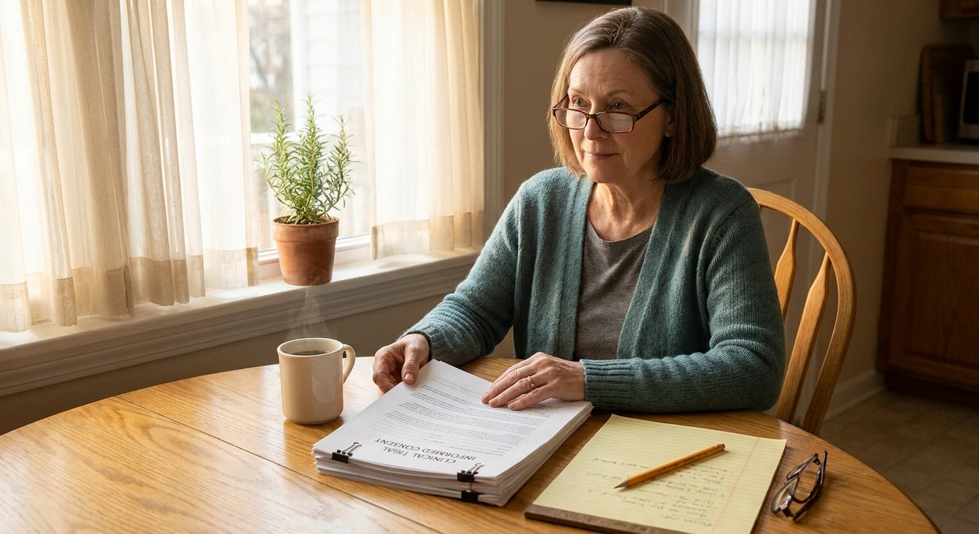 A mid-60s woman in a dusty teal cardigan and reading glasses sits at a light oak kitchen table reading a clinical trial informed consent packet, with a mug of tea and a legal pad of handwritten notes beside her.