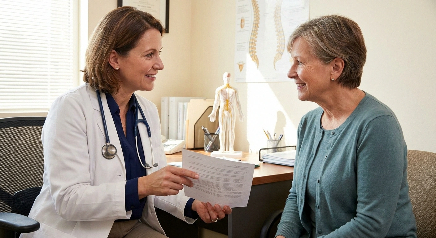 A woman neurologist in a white coat gestures with a printed study protocol as she discusses a clinical trial with her mid-60s patient in a warm exam room.