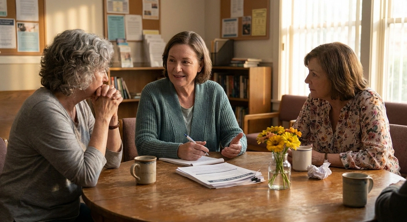 Three women in their 60s at a small neuropathy support group table share printed clinical trial listings over mugs of tea in a warmly lit community room.