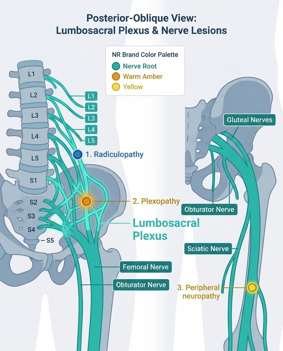 Anatomic diagram showing the three lesion locations that produce leg pain and weakness — nerve root (radiculopathy), lumbosacral plexus (plexopathy), and peripheral nerve (peripheral neuropathy).