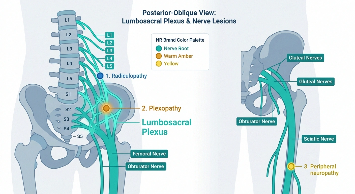 Anatomic diagram showing the three lesion locations that produce leg pain and weakness — nerve root (radiculopathy), lumbosacral plexus (plexopathy), and peripheral nerve (peripheral neuropathy).