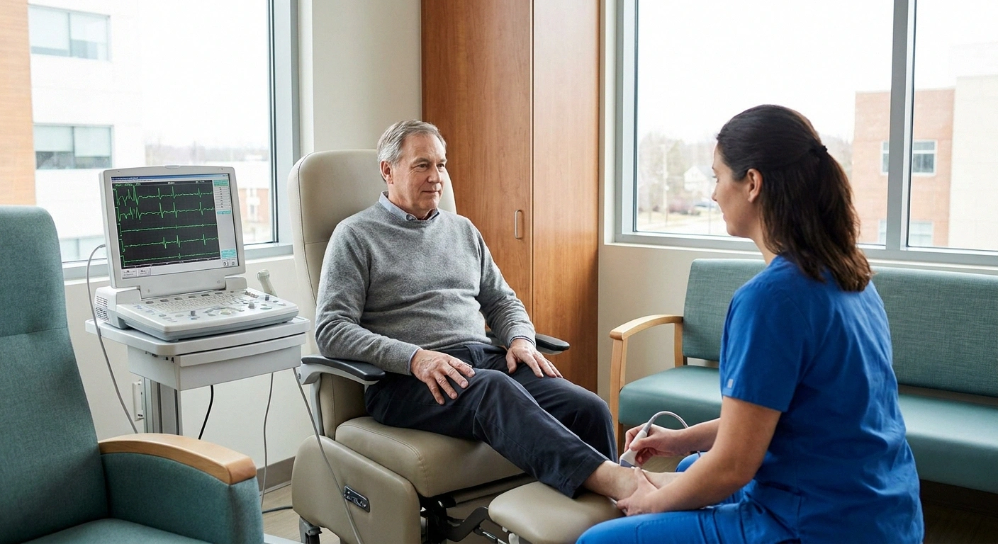 A patient undergoing nerve conduction study on their leg during a lumbosacral plexopathy workup — the definitive electrodiagnostic test.