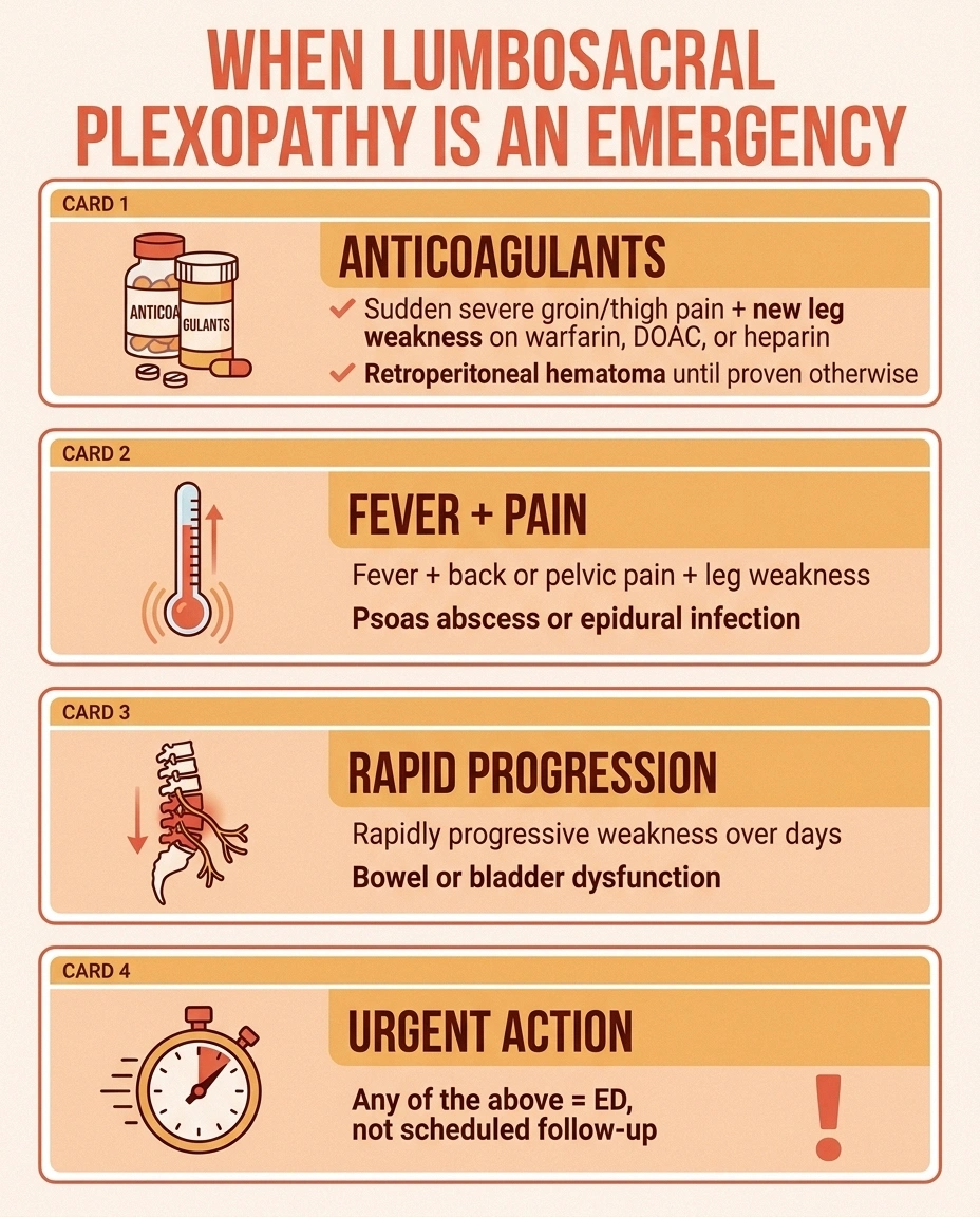 Warning infographic listing four emergency presentations of lumbosacral plexopathy — anticoagulant-related hematoma, infection, rapid progression, and bowel/bladder involvement — all requiring emergency department evaluation.