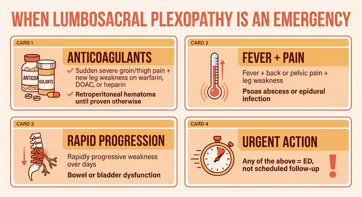 Warning infographic listing four emergency presentations of lumbosacral plexopathy — anticoagulant-related hematoma, infection, rapid progression, and bowel/bladder involvement — all requiring emergency department evaluation.
